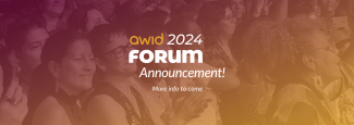 An image with a purple to yellow gradient background and the words "AWID 2024 Forum Announcement" over it. In the background there is a faded photo of the audience during the 2016 Forum.