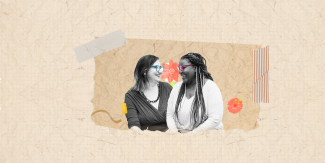 Scrapbook and craft paper background showing AWID Co Executive Directors Inna Michaeli (left) and Faye Ester Macheke (right) sitting looking at each other smiling.