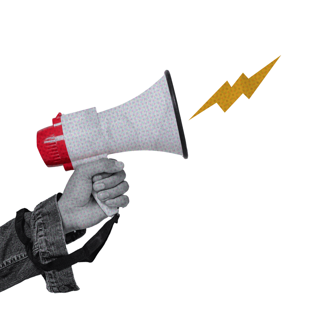 Image of an arm holding a megaphone with a little cartoon lightning coming out of the speaker end. The person holding the megaphone is wearing a denim jacket, and the image had an old-style comic texture applied to it.