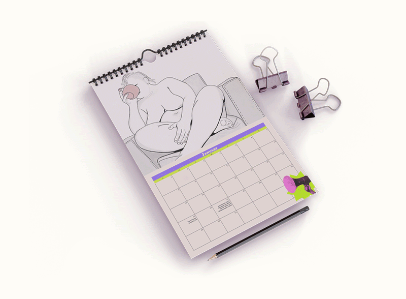 Image of a calendar on a flat surface. The images decorating each month change every second: first there is a naked person sitting enjoying a hot drink in relaxation, then we see two pink hands over a blue background and finally a couple riding a motorcycle. This looks indefinitely. 