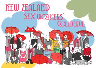 animated image of people holding red umbrellas and text that says "New Zealand Sex Workers' Collective"