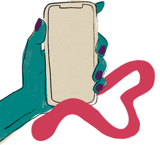 Illustration of a green hand holding a phone with a decoration at the right side bottom