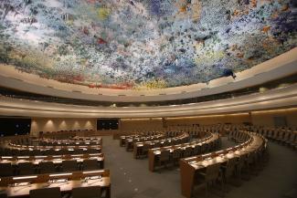 Human Rights and Alliance of Civilizations Room of the Palace of Nations, Geneva (Switzerland). It is the meeting room of the United Nations Human Rights Council.