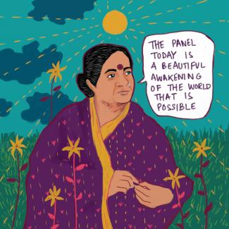 Illustrated portrait of Doctor Vandana Shiva that says: “The panel today is a beautiful awakening of the world that is possible”