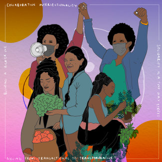Illustration of several women of color with text that says: Moving from Transactional to Transformative