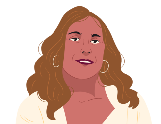 Illustration portrait of Aura Roig. She has blond hair, light skin, earrings, a white shirt, and is smiling;