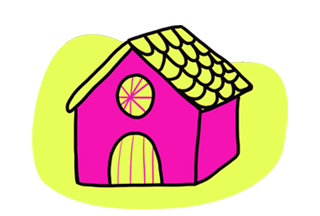 Illustration of a pink house with a yellow background