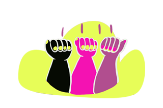 Three arms with fist raised: one black, pink, and the last one in purple
