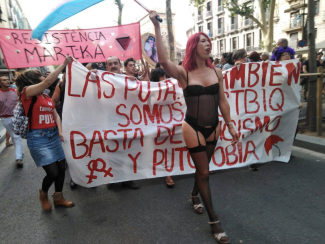 Photo de Sabrina Sanchez agitant un drapeau et menant une manifestation. Elle marche en portant un ensemble de lingerie et des talons. Il y a des gens avec des affiches derrière elle.