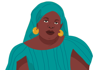 Illustration portrait of Mariama Sonko on a mustard yellow background. She is a black woman dressed in turquoise blue and is wearing golden earrings;