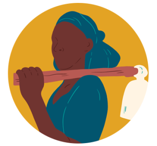 Circle in mustard yellow with the illustration of a rural woman with brown skin and a blue dress, with a hoe tool on her left shoulder. 