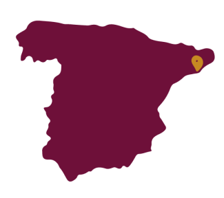 A map of Spain in burgundy, there is a yellow pin with a location of Metsineres;