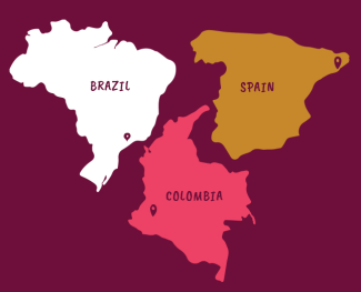 Burgundy background with maps of Brazil in white, Spain in mustard yellow, and Colombia in pink