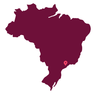 Mustard background with the map of Brasil in purple, with the location of Sao Paulo marked with a pink pin.
