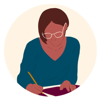 This image represents a faceless person with dark hair, yellow glasses, and V-neck navy blue colored shirt that is writing on a burgundy piece of paper with a yellow pencil