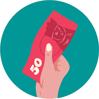 Illustration of a white-skinned hand holding pink money over a turquoise background.