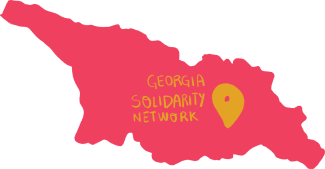 This image is a close-up of Georgia in coral pink with a yellow pin indicating “Georgia Solidarity Network” 