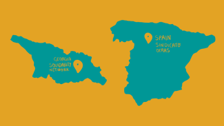 This image shows the countries of Georgia and Spain in turquoise blue color with yellow pins indicating Spain, Union OTRAS, and Georgia Solidarity Network Union on the maps.