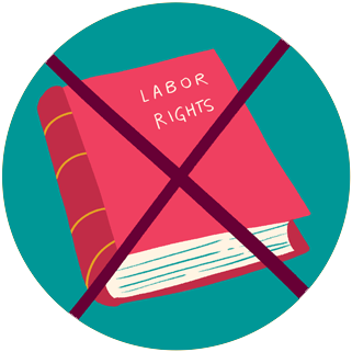 Ilustración un libro rosa que dice "Derechos laborales" con una X roja