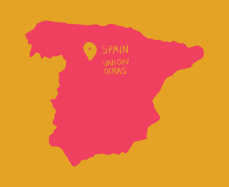 Fondo mostaza con mapa de España en rosa y pin amarillo de la ubicación del Sindicato Otras;