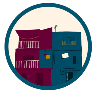 This is an illustration that depicts a burgundy building next to a duck blue building