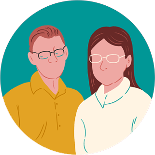 Illustration of two a pair of white-skinned people in glasses, to the left in the background is a mand and to the right at the forefront is a woman. The background is turquoise.