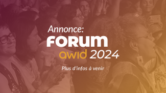 Image avec les mots: annonce: forum awid 2024. L'arrière-plan a une photo pâle du public lors du forum précédent et a un dégradé qui va du violet à gauche au jaune à droite. 