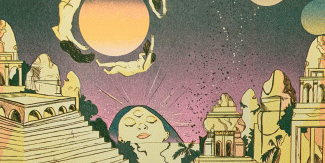Image of a section of the 2024 calendar cover. Is show the top of a pyramid, a celestial object orbited by dancing naked bodies and a face with a third eye have open emerging from the water in the horizon.