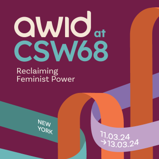 Image with purple background. The words: AWID at CSW - Reclaiming Feminist Power. New York.