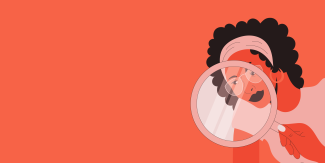 An orange banner with an illustration of a woman on the right hand side we have a woman with curly hair and a hairband. There is a hand holding a magnifying glass in front of her.
