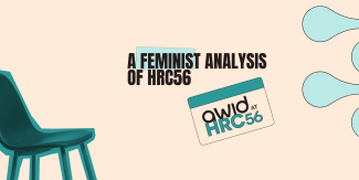 Banner displaying a chair, and the words "A feminist analysis of HRC56" on black letters over a cream-color background. The style of the image is similar to scrapbooking and collage.