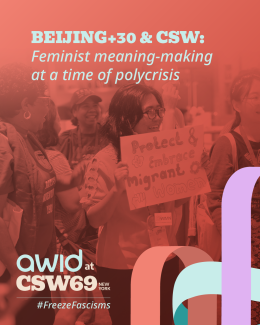 Image cover for Blog post "Beijing+30 & CSW: Feminist meaning-making at a time of polycrisis". It shows an photo of a crowd at the AWID 2024 Forum. The image is faint and has an orange filter applied over it. 