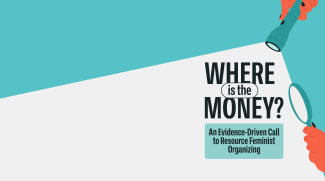Banner image for the "Where is the Money?" Report. The banner shows an illustration on the right hand side, where two hands are seen: at the top one is holding a flash light or torch, which illuminates the blue background into a white area; near the bottom there is another hand holding a magnifying glass. Within the illuminated white area, there are the words "Where is the Money? An evidence driven call to resource Feminist Organizing"